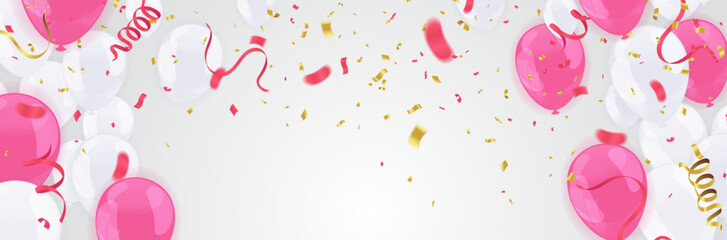 Happy Birthday background with balloons, confetti and ribbons. Vector illustration.