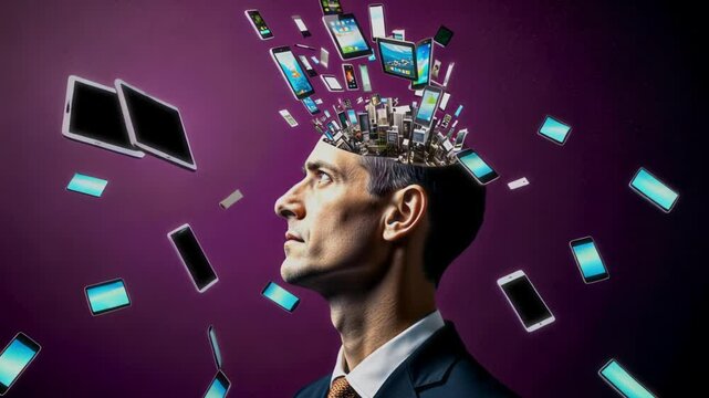 AI generated side closeup of frustrated Caucasian man in business suit, with pictures of electronic gadgets &ndash; smartphones, tablet computers, exploding from brain, flying in space on purple background