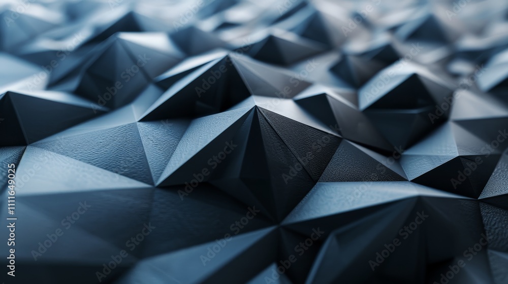 Poster skillfully arranged dark geometric surface forms striking triangular pattern, blending art and techn
