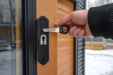Hand inserting key into modern door lock. Perfect for security, real estate, and home improvement concepts.