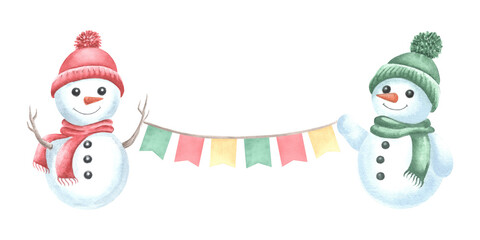 Snowmen holding colorful flags garland. Hand drawn watercolor illustration isolated. Cute characters for winter holiday design for kids. Christmas temlate for card, print, wrapping, sticker, textile.