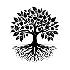 Black tree silhouette with roots and leaves.