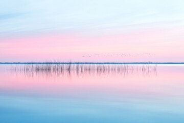 Fototapeta premium Serene Sunrise Over Tranquil Wetland with Reflective Water and Flocks of Birds in Flight