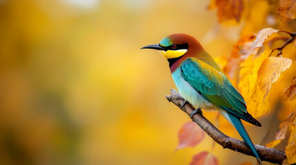 Fototapeta premium Colorful bird perched on branch among autumn leaves in vibrant forest setting
