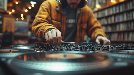 Close-up of DJ adjusting vinyl