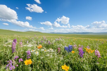 Vibrant Meadow of Wildflowers Under Bright Summer Sky