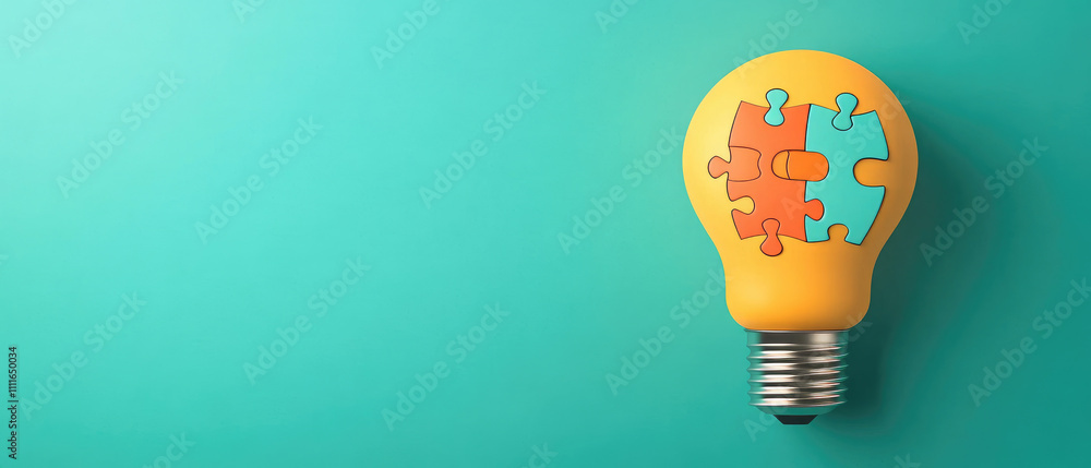 Poster illuminated puzzle growth, a flat design illustration depicting a light bulb with puzzle pieces symb