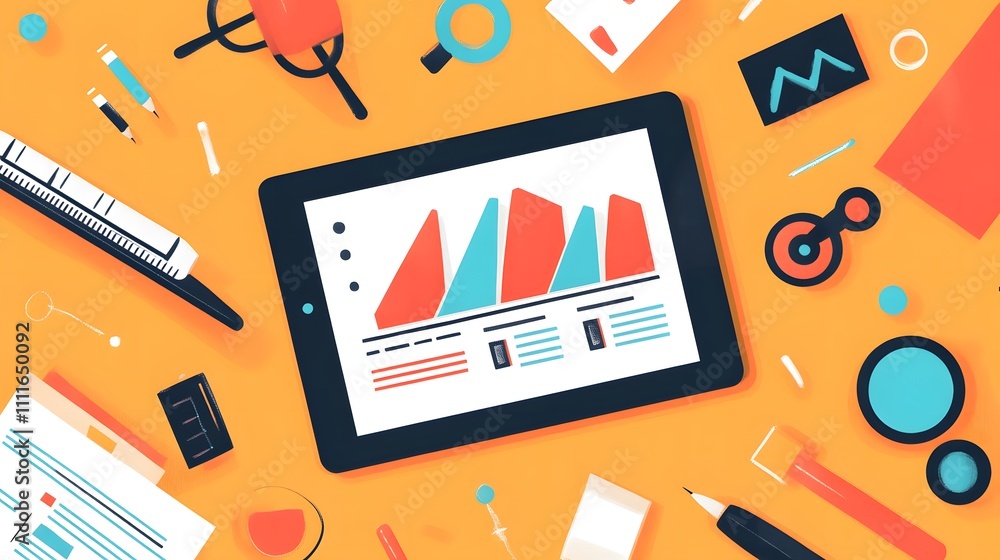 Aufkleber a modern tablet displaying colorful bar graphs and charts, surrounded by office supplies, representi