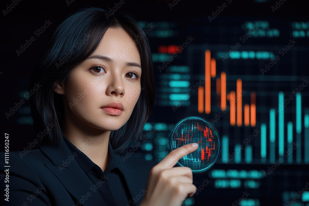 Poster market analyst exploring holographic data visualizations, dynamic charts, futuristic business insigh