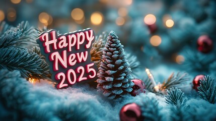 close-up Festive New Year's Scene with "Happy New 2025" Sign on a Christmas tree