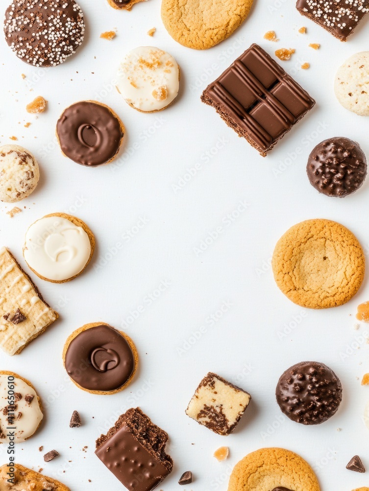 Poster A colorful variety of cookies and sweets elegantly displayed on a white surface, leaving a blank area for adding text or designs. Generative AI