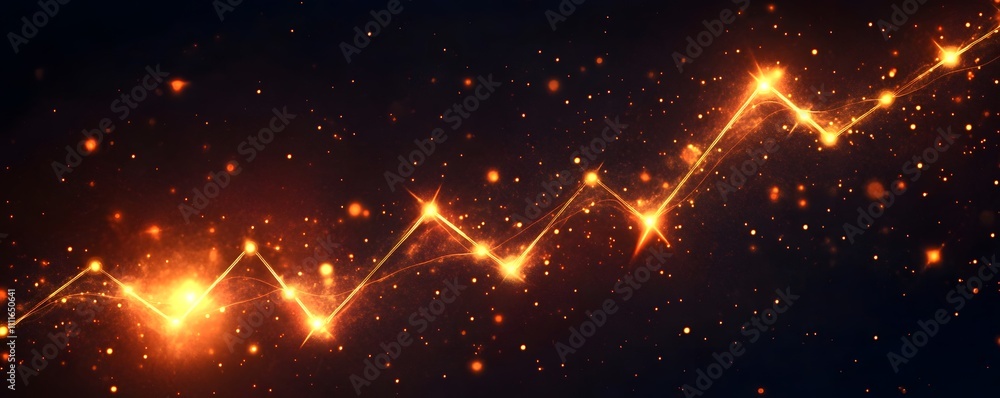 Poster A striking abstract image featuring shimmering golden lights arranged in a zigzag pattern, creating an illusion of movement against a dark, starry background