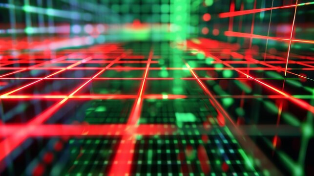 Red and green glowing lines forming a grid with binary code data stream flowing on futuristic cyberspace network