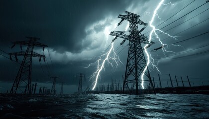Substation surrounded by crackling lightning under dark clouds showcasing the intersection of natures power and human-made energy systems