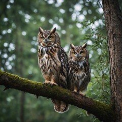 Fototapeta premium A pair of owls sitting on a tree branch overlooking a peaceful forest clearing.