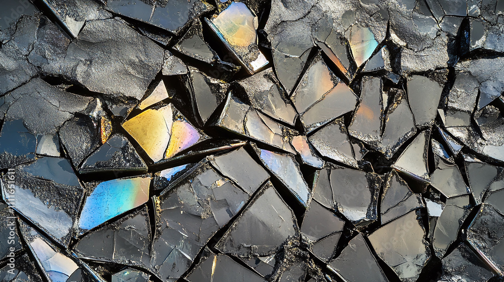 Poster volcanic glass fracture patterns creating sharp geometric arrangements rendered in obsidian black wi