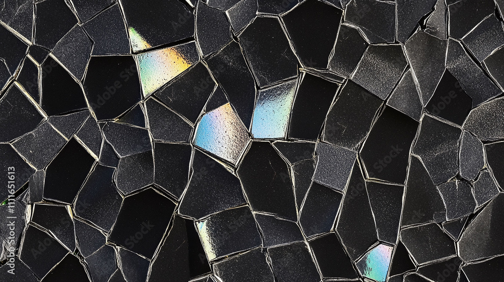Poster volcanic glass fracture patterns creating sharp geometric arrangements rendered in obsidian black wi