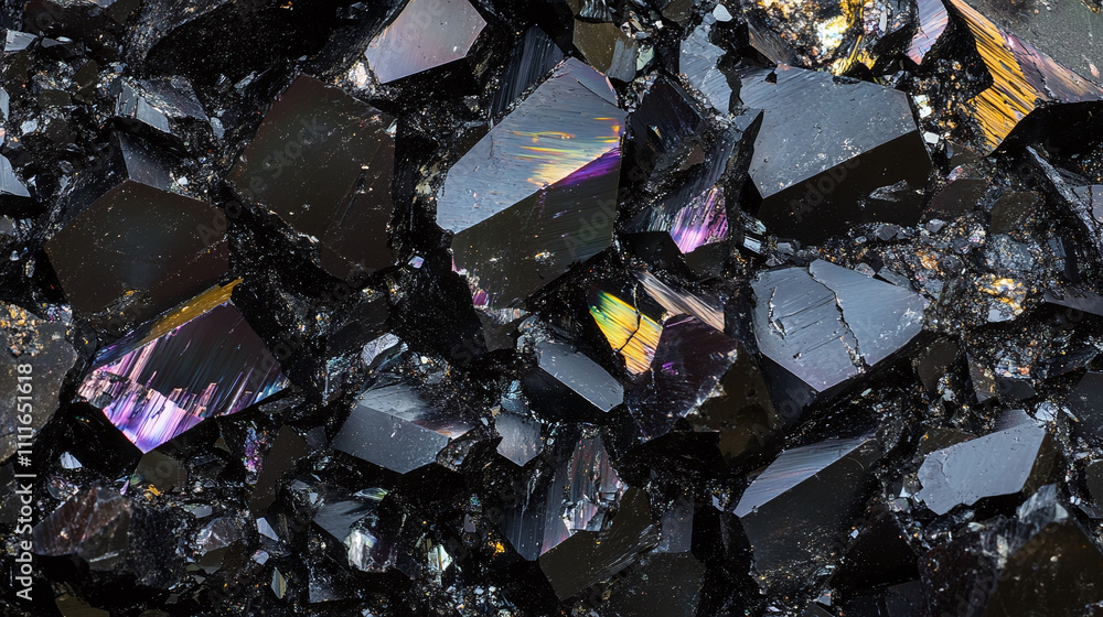 Poster volcanic glass fracture patterns creating sharp geometric arrangements rendered in obsidian black wi