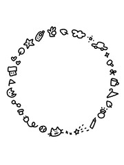 落書きを詰め合わせたような可愛い手描きのモノクロ円形フレーム　