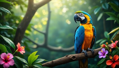 Obraz premium Vibrant Blue Macaw Perched on Rustic Branch Surrounded by Foliage