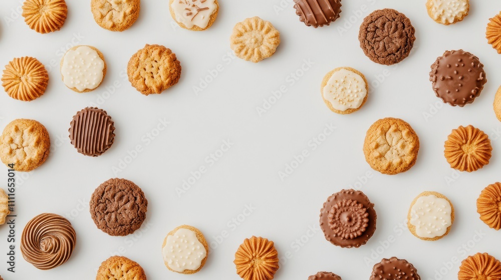 Poster An array of colorful cookies and sweets is artfully placed on a plain white background, featuring a blank area for adding text. Generative AI