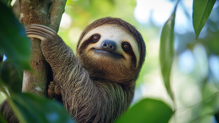 A closeup shot of a Sloths on a tree with the green leaves around in Manuel Antonio National Park, Costa Rica
