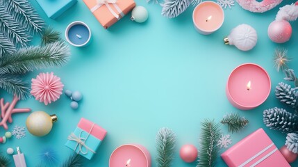 Festive Christmas Layout with Gifts, Candles, and Ornaments on a Blue Background