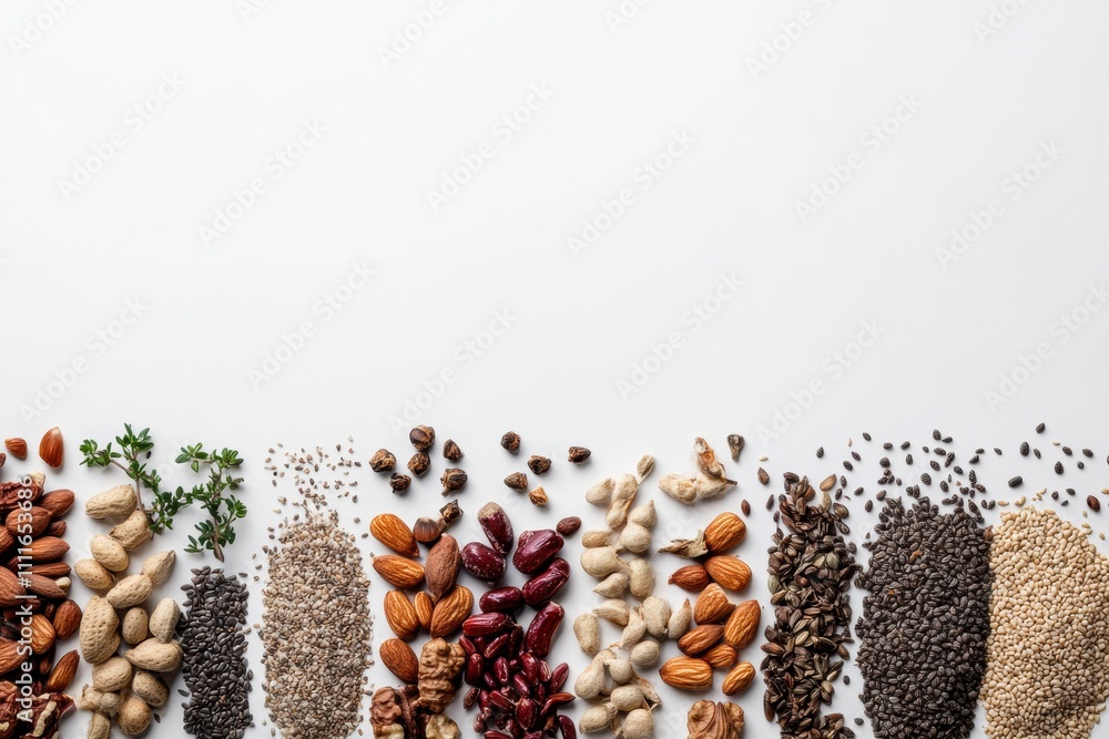 Poster variety of organic seeds, nuts, and herbs displayed on a clean, white surface, leaving ample space f