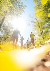 Fototapeta premium Family Health Walk in Sunlit Forest – Embracing Nature and Fitness