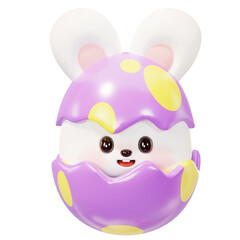Little Easter rabbit hatching from abstract dots magenta and yellow pattern Easter egg. 3D cute cartoon Happy Easter day festival. Spring holiday