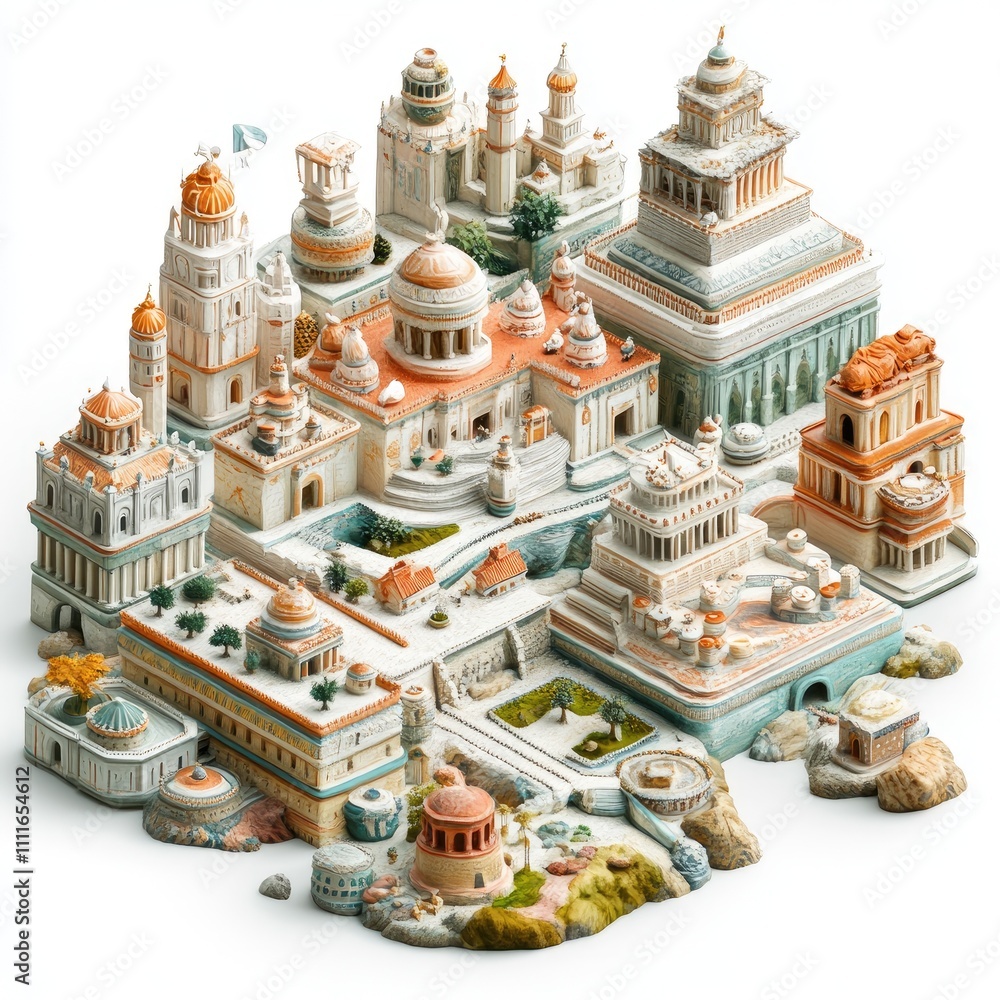 Poster miniature model of an ancient city with various buildings and structures.