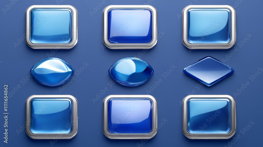 Poster blue buttons with silver decorative frames for rpg game interface. vector cartoon set of square awar