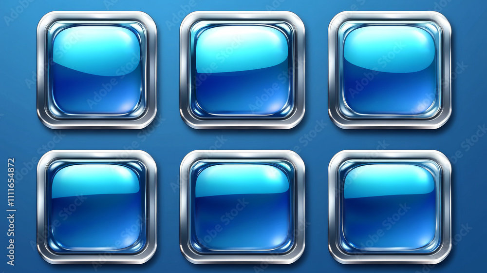 Poster blue buttons with silver decorative frames for rpg game interface. vector cartoon set of square awar