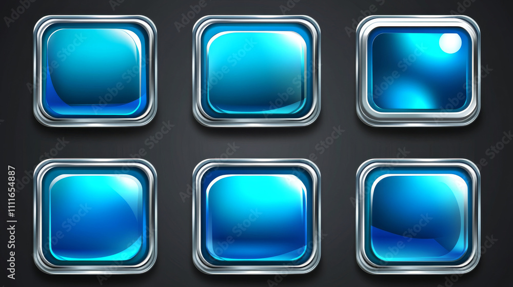 Poster blue buttons with silver decorative frames for rpg game interface. vector cartoon set of square awar