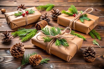 Fototapeta premium Eco-friendly christmas gifts wrapped in brown paper with natural elements like pinecones and leaves, promoting sustainable holiday practices