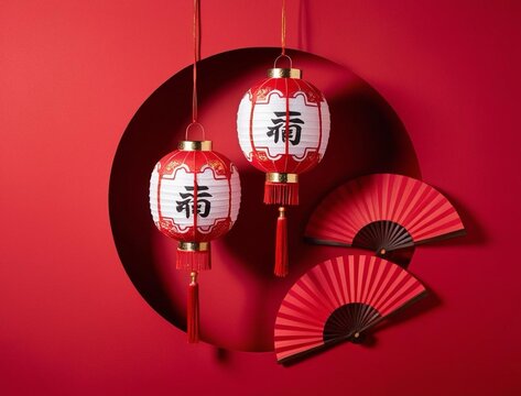 chinese new year lantern. Red Chinese lantern hanging against a white wall.  Red paper lantern, Asian style, minimalist backdrop.  