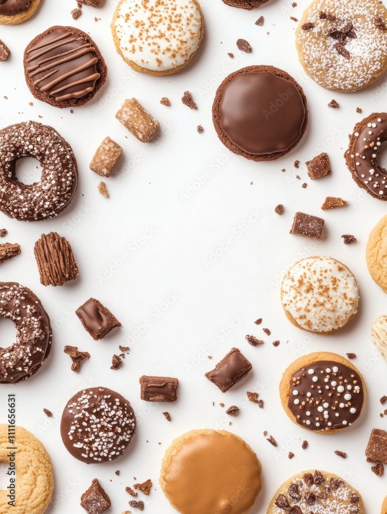Poster Gorgeous display of diverse sweets and cookies on a clean white surface, leaving room for personalized text or messages. Generative AI