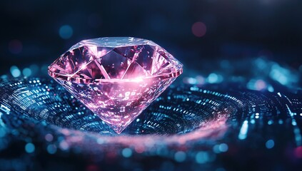 Fototapeta premium Digital Gem: A Pink Diamond Resting on a Futuristic Data Wave