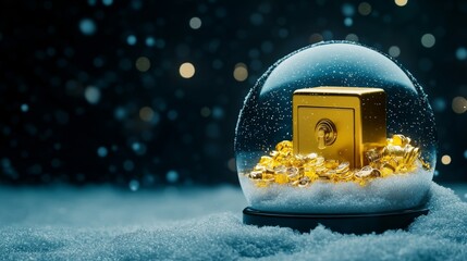 Holiday Wealth Protection - Golden Safe in Snow Globe with Sparkling Lights