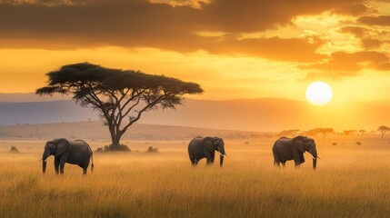 Obraz premium African Sunset with Elephants