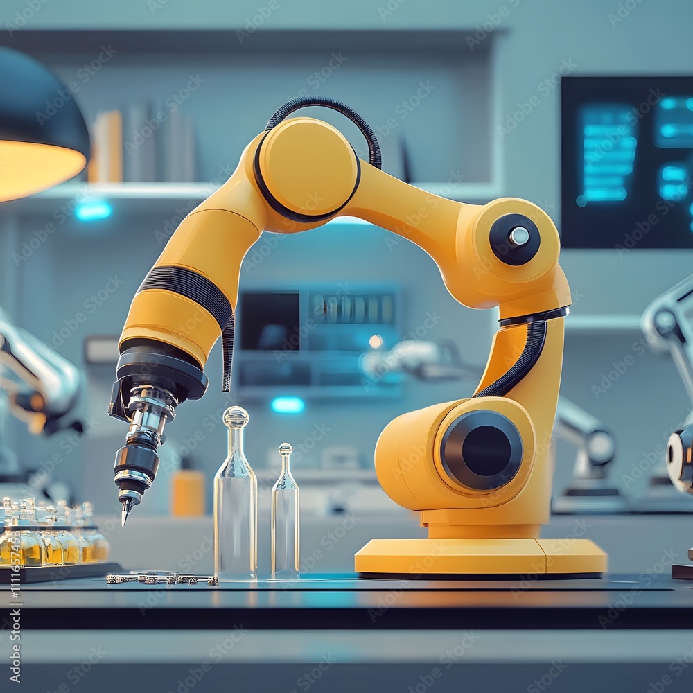 Poster a modern robotic arm performs precise tasks in a high-tech lab environment.
