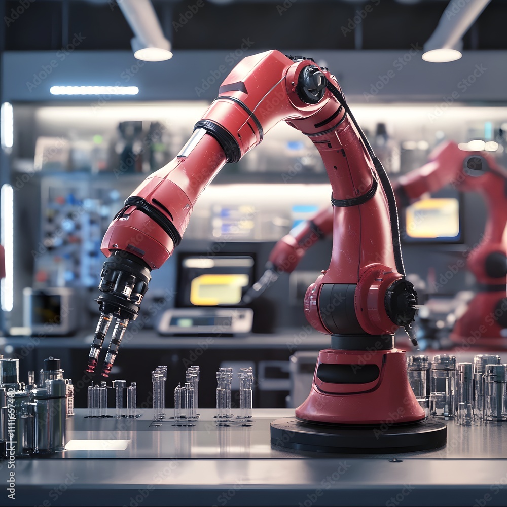 Poster a robotic arm working efficiently in a modern manufacturing environment.