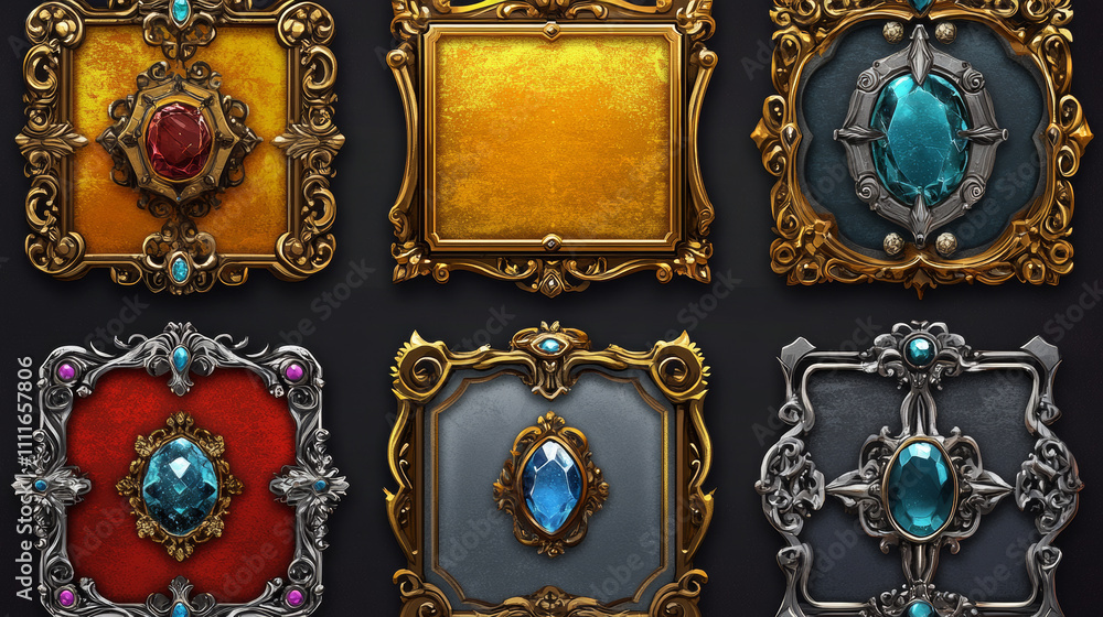Poster empty rectangle frames in medieval style for game ui design. vector cartoon set of user interface el