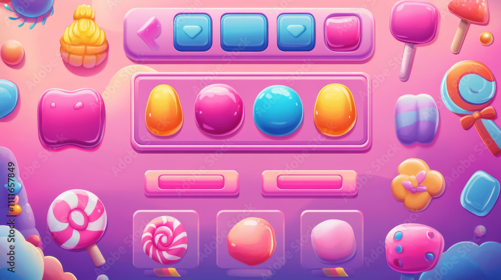 Aufkleber candy ui game app interface and button frame glossy icon set. pink jelly and lollipop play design wi