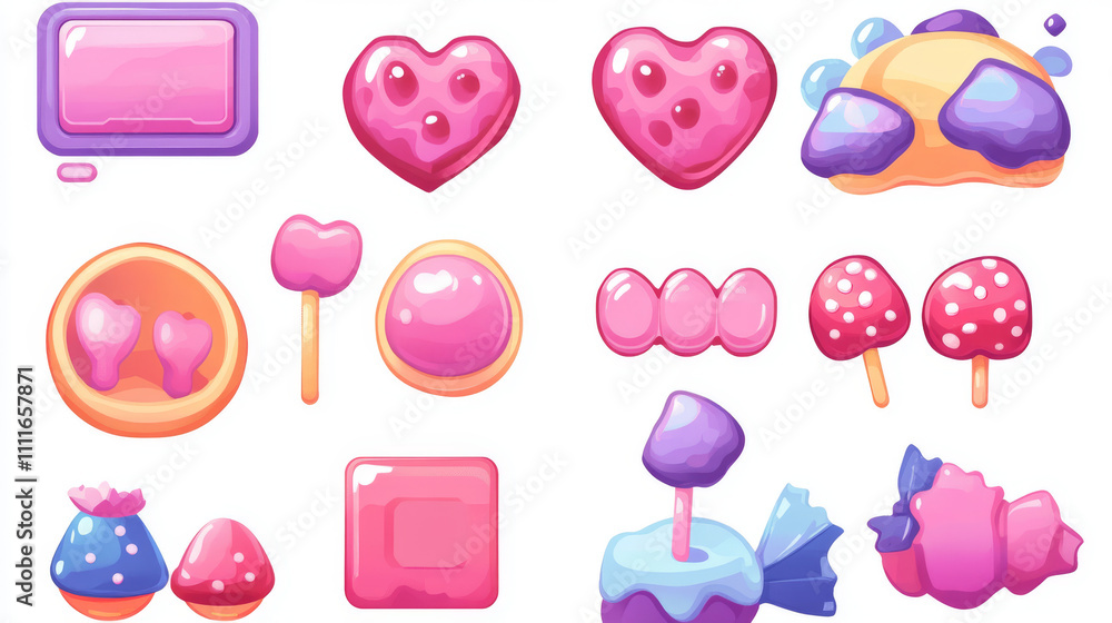 Aufkleber candy ui game app interface and button frame glossy icon set. pink jelly and lollipop play design wi