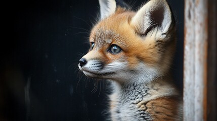 Adorable red fox kit with bright blue eyes, peering sideways.