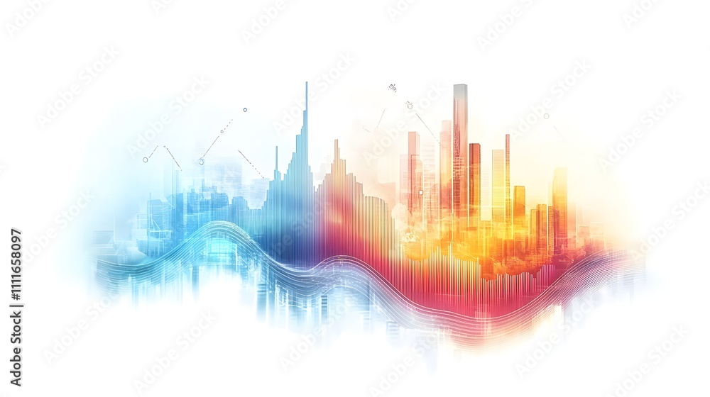 Poster abstract cityscape with vibrant color waves representing digital transformation.