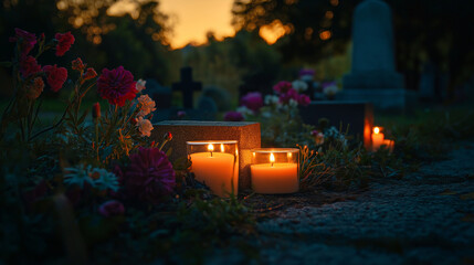 Funeral candles and flowers at gravestone during sunset