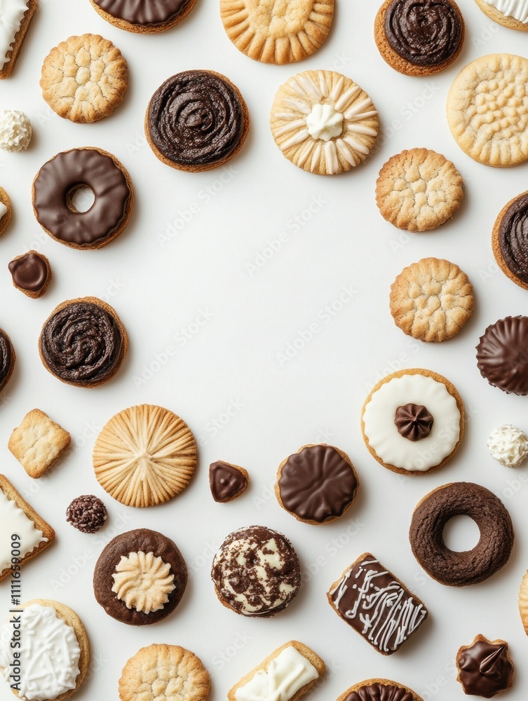 Poster a variety of cookies and sweets are beautifully displayed on a clean white background, offering a pe