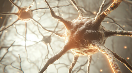 Fototapeta premium Close-Up of a Human Brain with Interconnected Neurons on a White Background, Symbolizing Cellular Memory, with Neurons Highlighted by a Soft Glow to Emphasize Memory Storage and Cognitive Functions